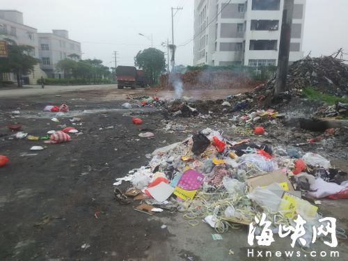 凤兴东路边堆着不少生活、工业垃圾，并被点火焚烧